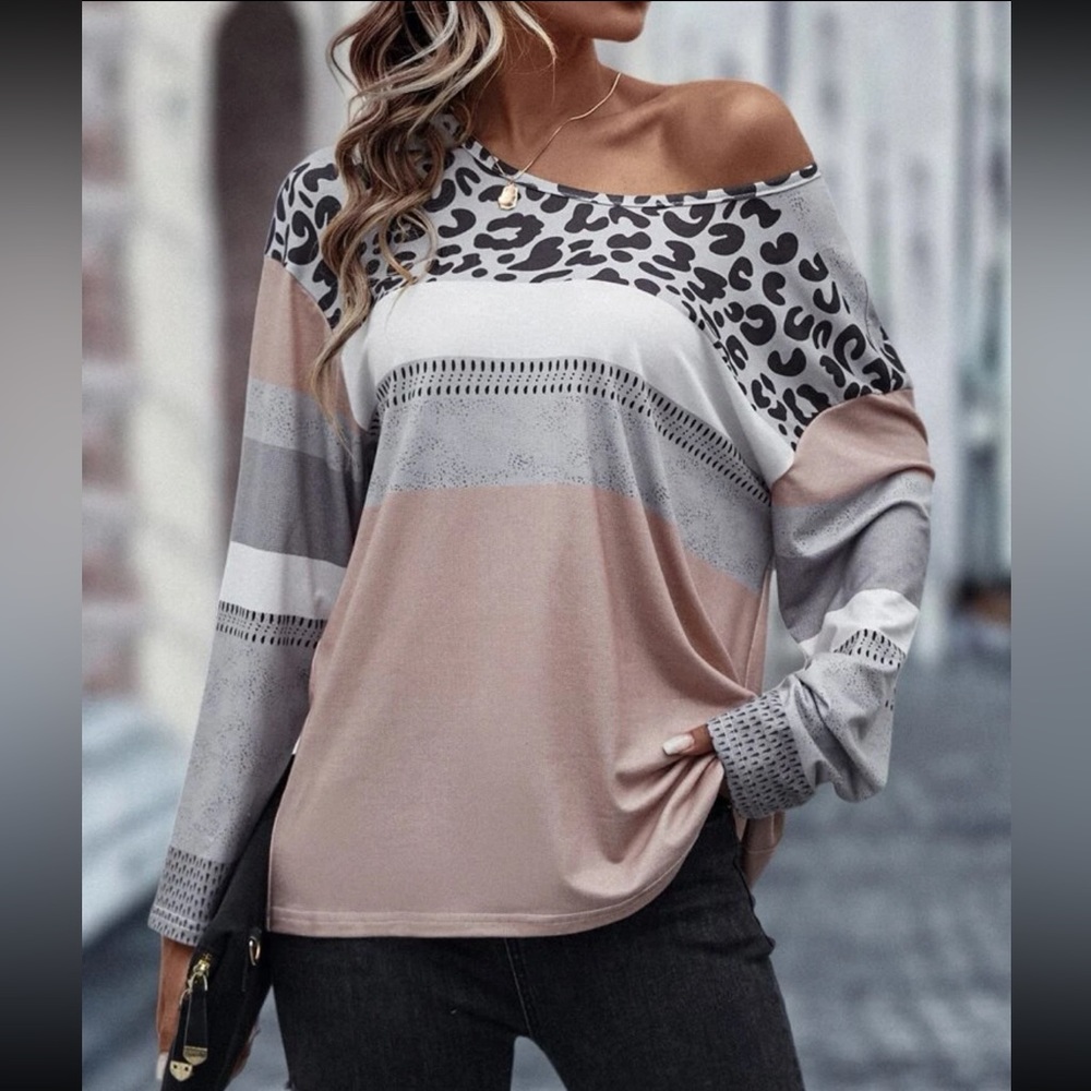 Boho gray leopard print color block top